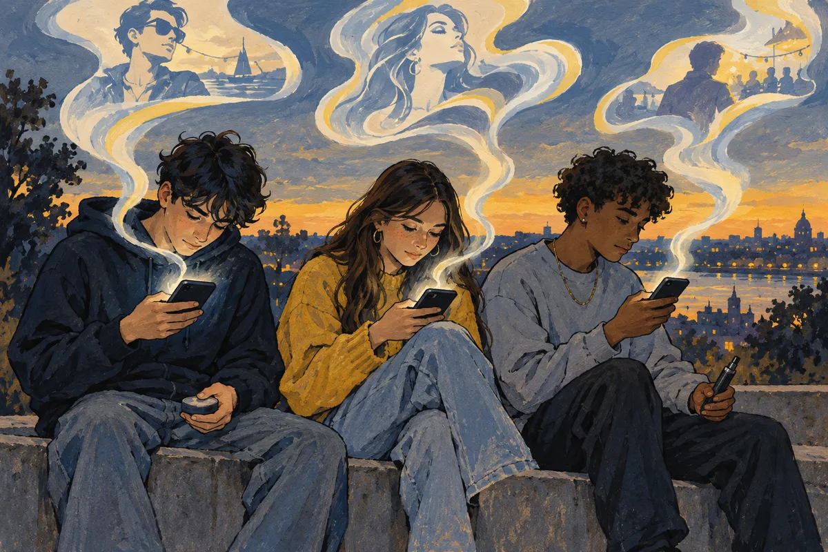 Illustration : trois jeunes assis sur un muret regardent leur téléphone, une boîte ronde et une vapoteuse à la main, entourés de volutes stylisées qui rappellent la fumée.