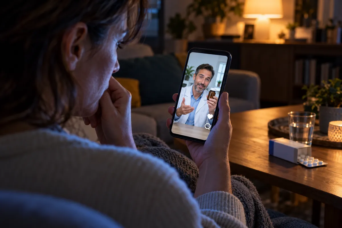 Femme sur un canapé regardant sur son smartphone la vidéo d'un homme en blouse blanche qui présente un pot de complément, une boîte de médicaments et un verre d'eau sur la table basse