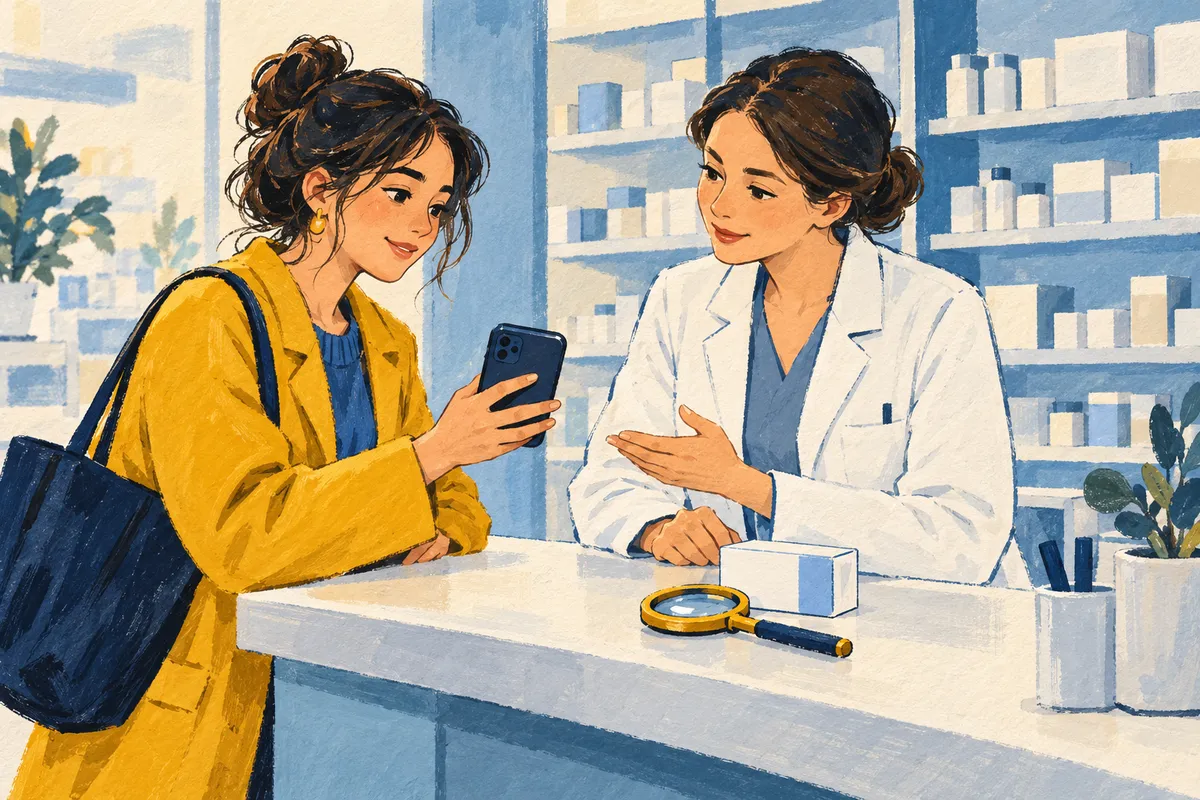 Illustration d’une jeune femme montrant une vidéo sur son téléphone à une pharmacienne au comptoir d’une pharmacie, une loupe posée sur le comptoir