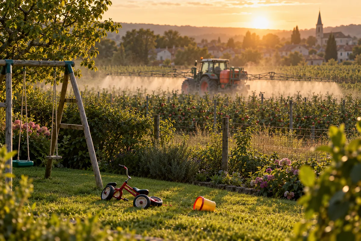 Au soleil couchant, un tracteur équipé d'une rampe de pulvérisation traite une parcelle juste derrière le grillage d'un jardin où se trouvent une balançoire, un tricycle rouge et un seau d'enfant.