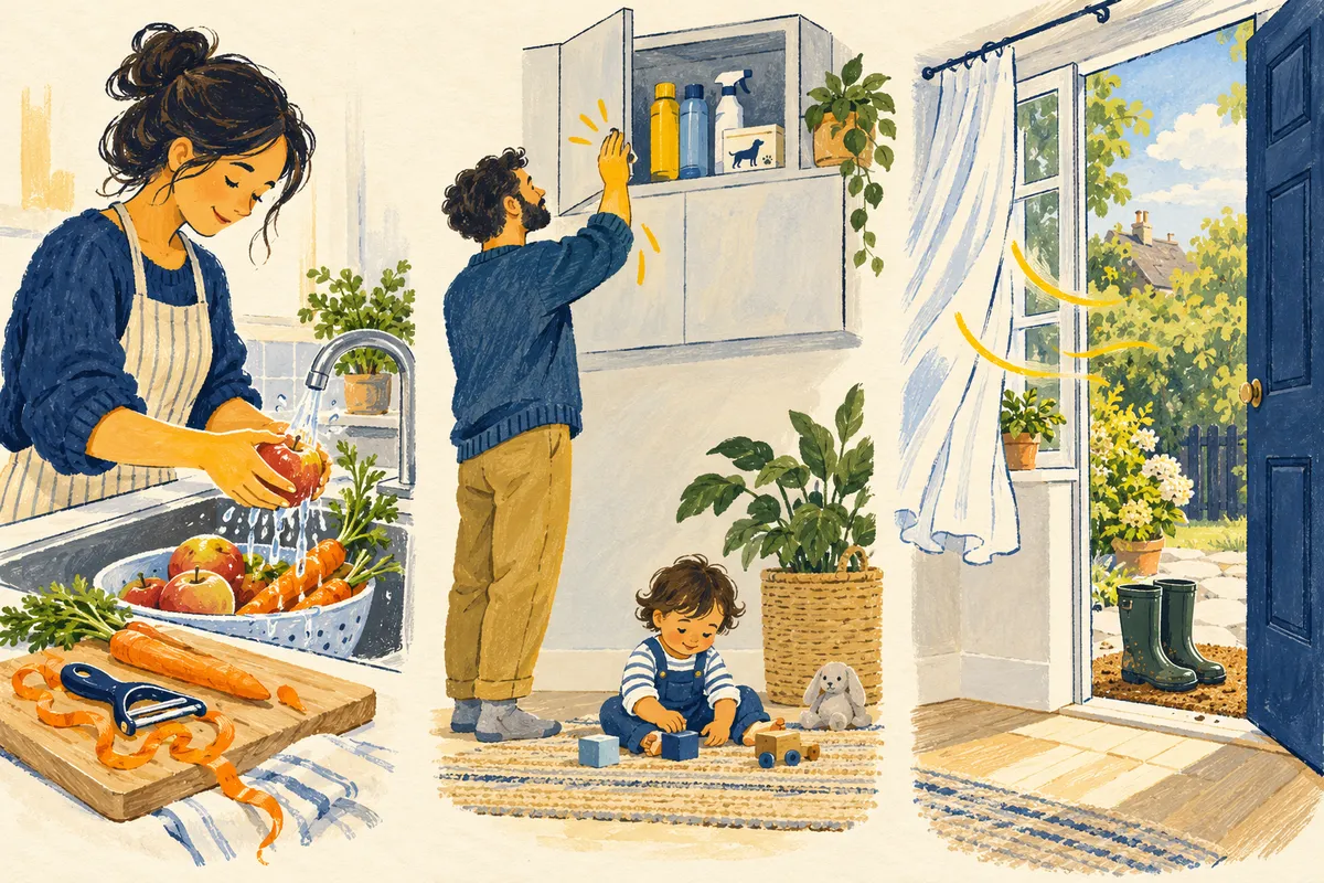 Illustration : dans une cuisine, une mère lave des pommes et épluche des carottes, un père range des produits insecticides et un antiparasitaire pour chat dans un placard en hauteur pendant qu'un enfant joue au sol, et une porte ouverte aère la pièce, des bottes de jardin restées dehors.