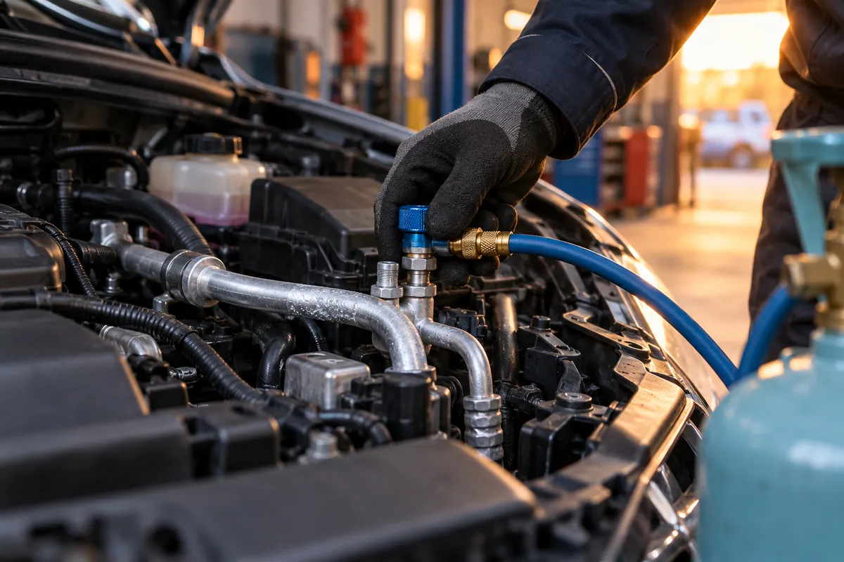 Main gantée d'un mécanicien vissant un flexible bleu de recharge sur le circuit de climatisation d'une voiture, capot ouvert, dans un atelier.