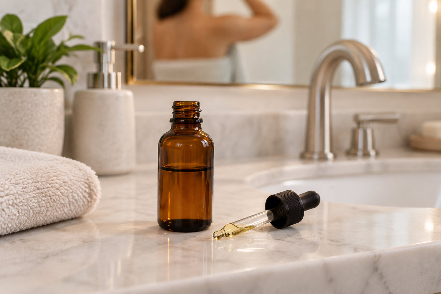 Un flacon en verre ambré et une pipette contenant un liquide doré sont posés sur le bord d’un lavabo en marbre, près d’une serviette et d’une plante.