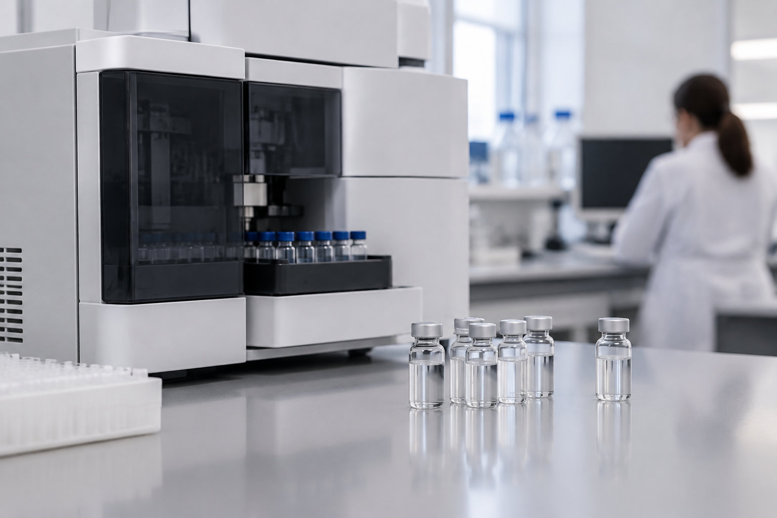 Un appareil de laboratoire contient plusieurs flacons, tandis que d’autres flacons en verre sont posés sur une paillasse et qu’une personne en blouse travaille à l’arrière-plan.