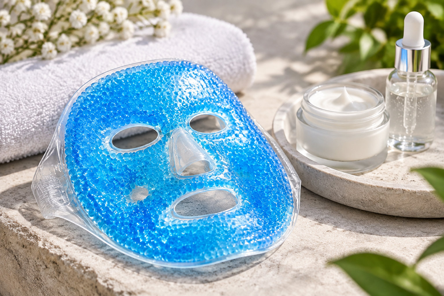 Un masque facial bleu à billes de gel est posé près d’un pot de crème, d’un flacon compte-gouttes et d’une serviette blanche.