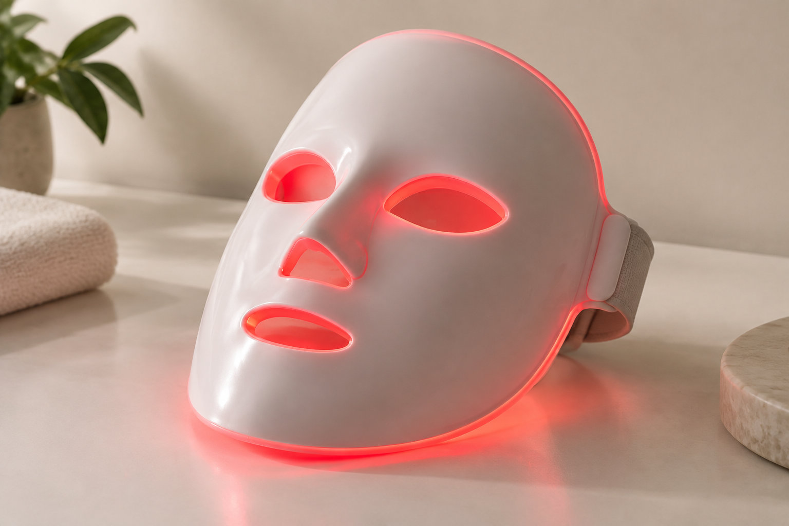 Un masque facial blanc à LED rouges est posé sur une surface claire, près d’une plante et de serviettes roulées.
