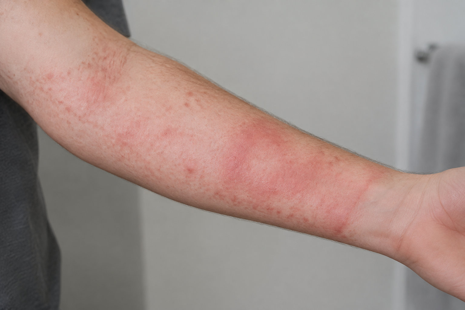 Un avant-bras présentant des plaques rouges et des boutons est tendu devant un fond gris.