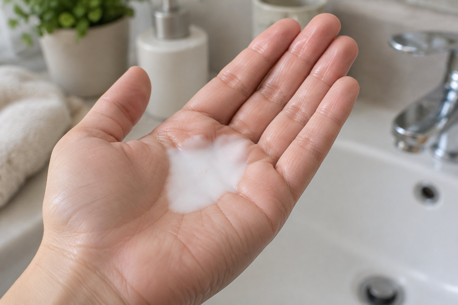Une main ouverte tient une noisette de crème blanche devant un lavabo, avec un robinet et des serviettes en arrière-plan.