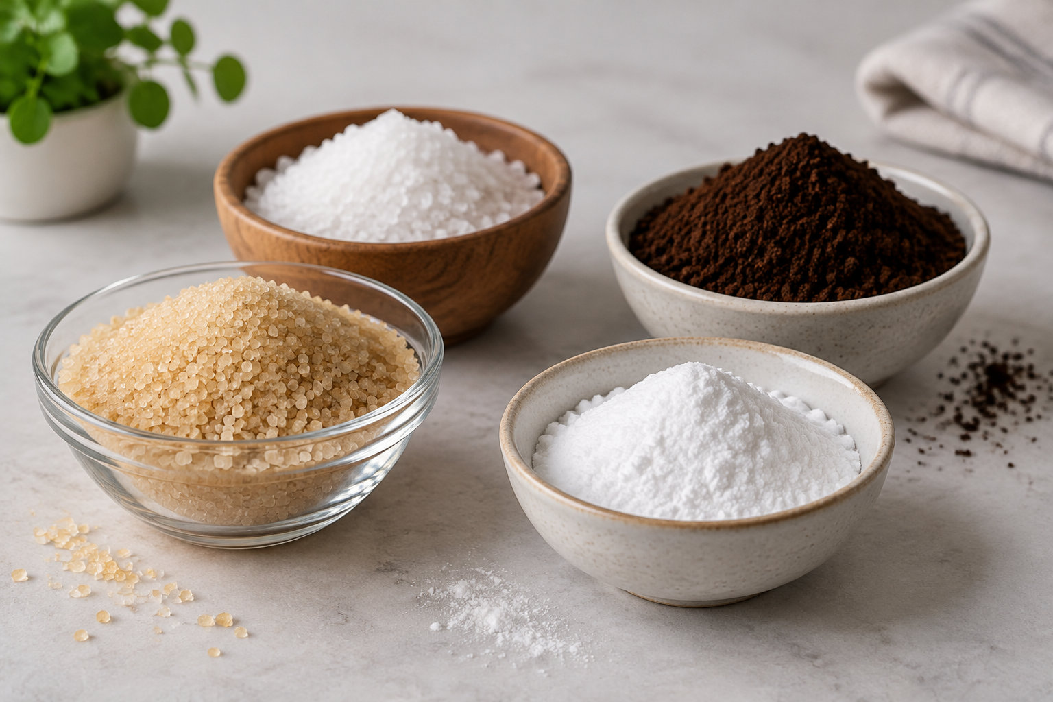 Quatre bols contenant des ingrédients en poudre ou en grains sont disposés sur un plan de travail, avec quelques grains et poudres éparpillés autour.