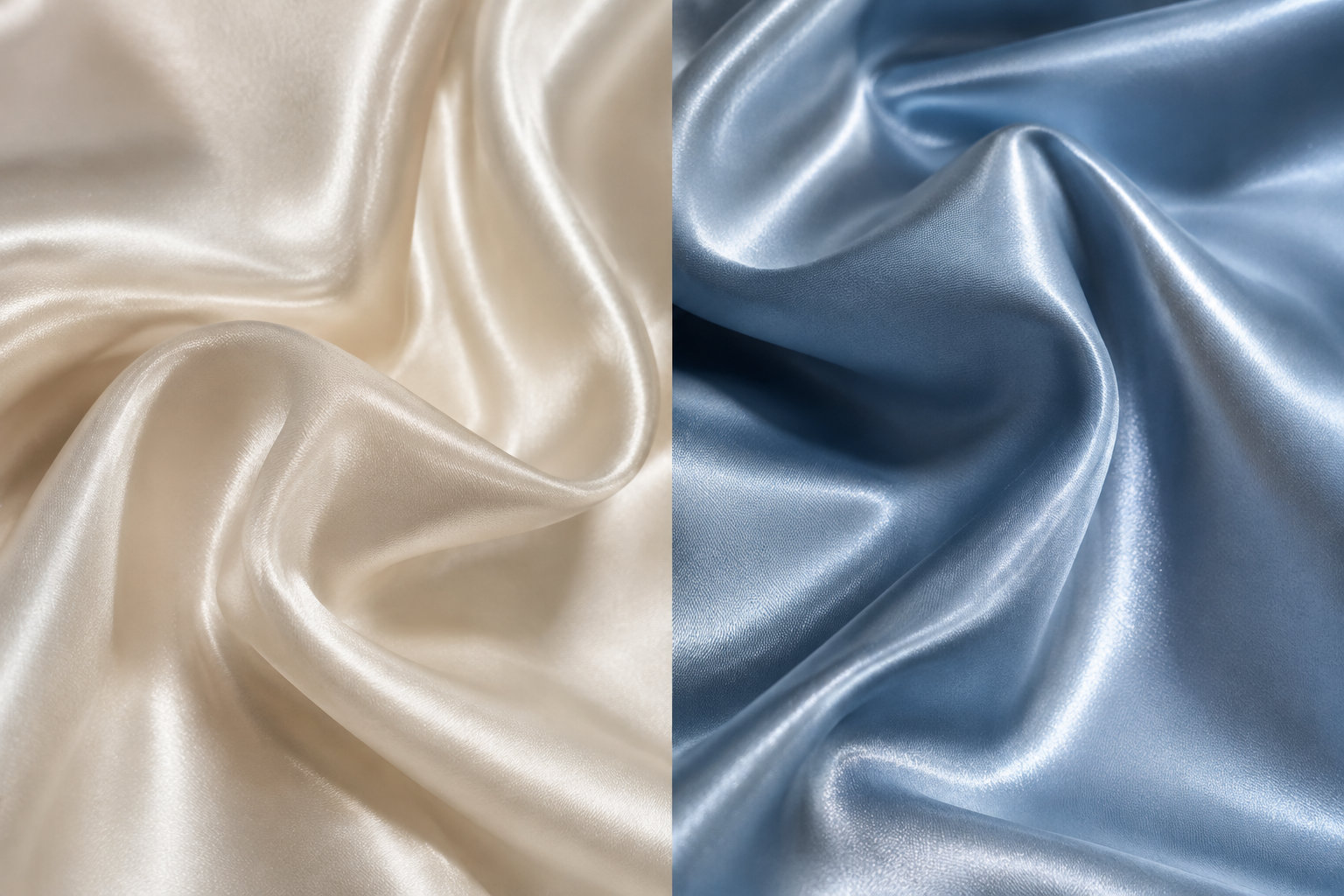 Deux étoffes satinées, l’une beige et l’autre bleu argenté, sont drapées en plis.