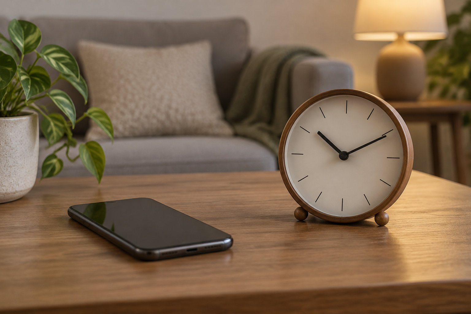 Un réveil analogique et un téléphone à écran noir sont posés sur une table basse en bois, devant un canapé et une plante d’intérieur.