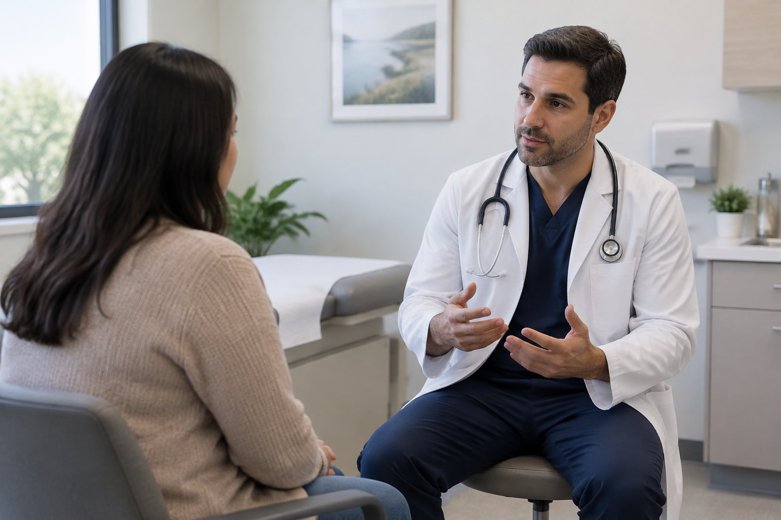 Un médecin en blouse blanche, muni d’un stéthoscope, parle à une patiente assise dans un cabinet médical.