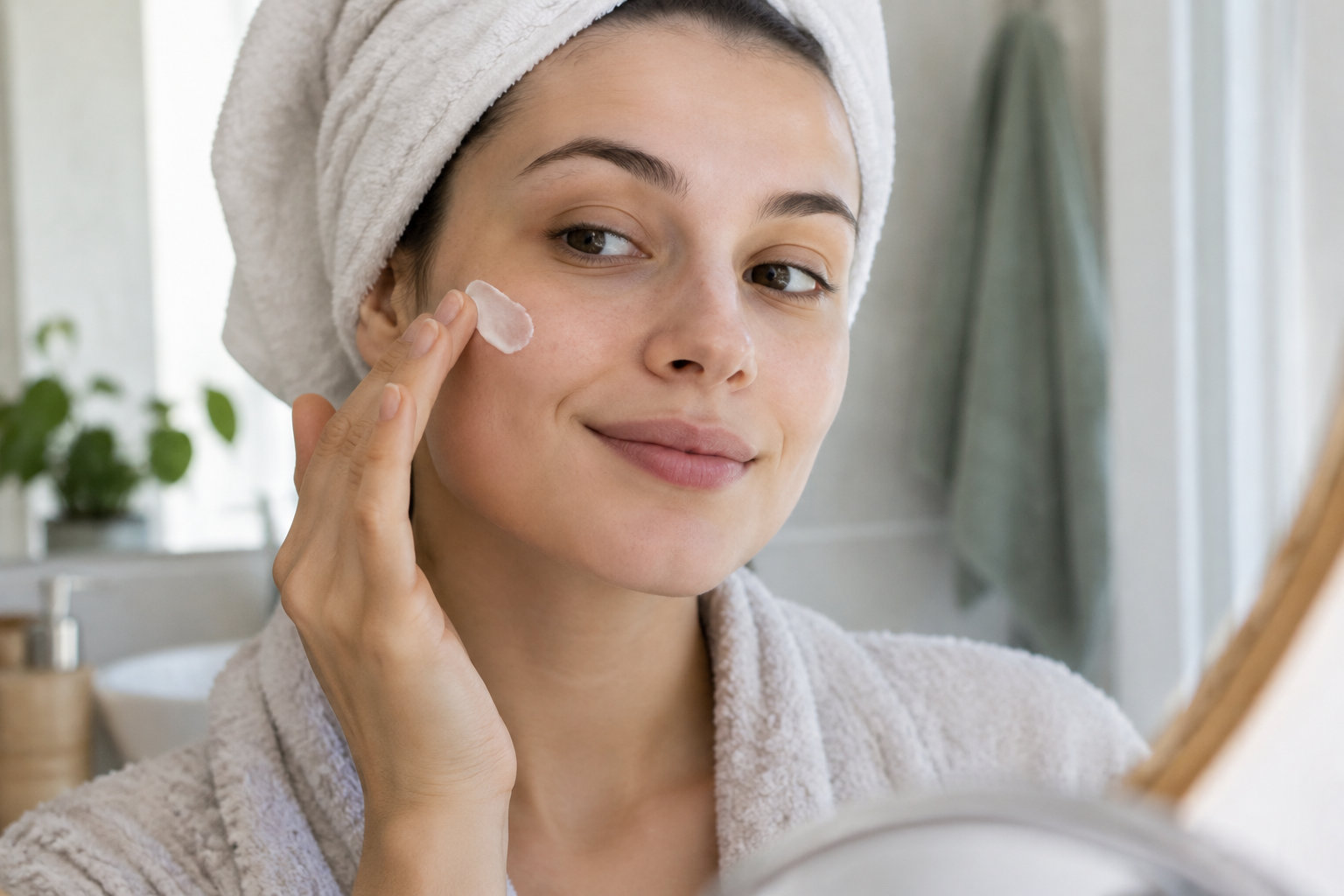 Une femme en peignoir et serviette sur la tête applique une crème sur sa joue devant un miroir.