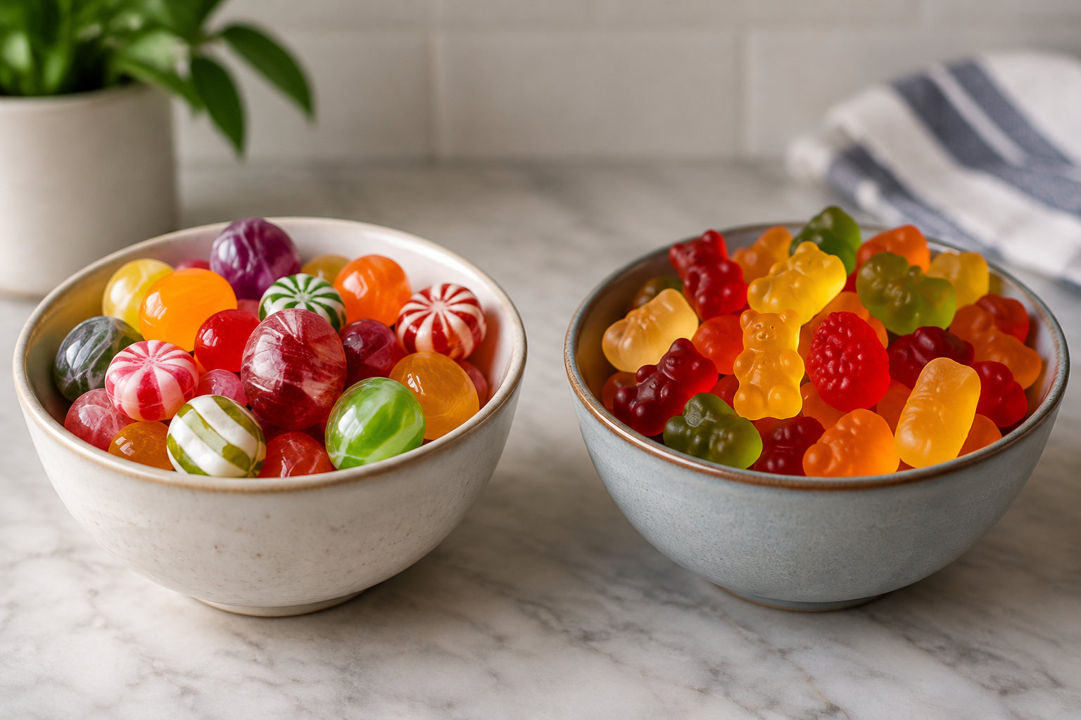 Deux bols posés sur un plan de travail en marbre contiennent des bonbons colorés, des sucettes à gauche et des bonbons gélifiés en forme d’oursons et de fruits à droite.
