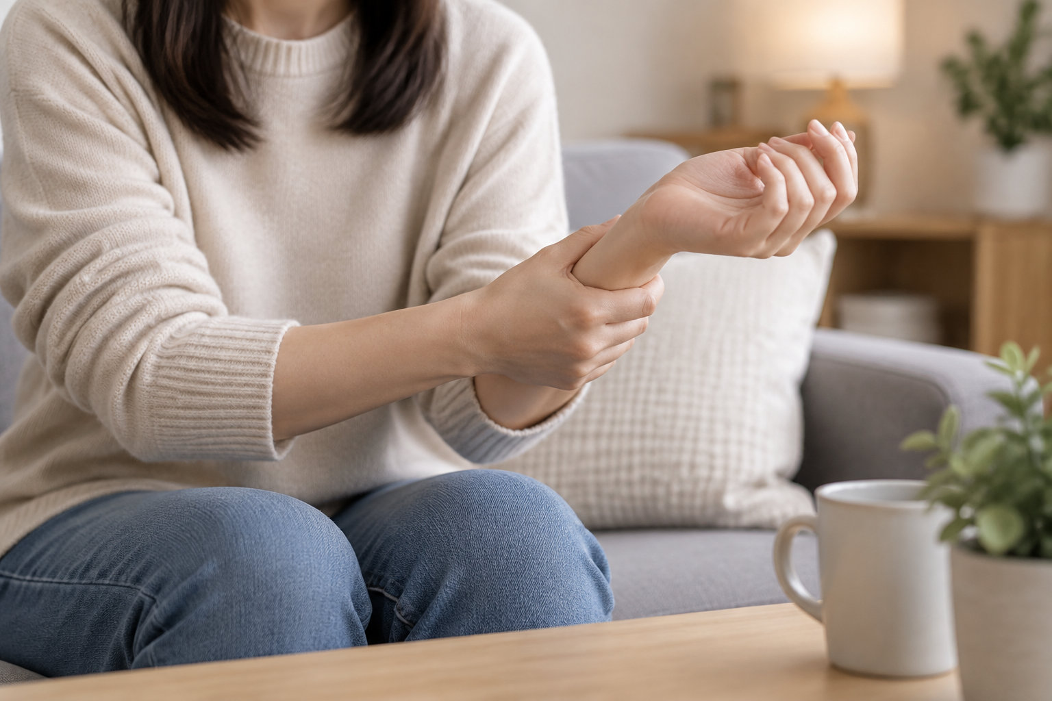 Une personne assise sur un canapé tient son poignet d’une main, près d’une tasse posée sur une table basse.