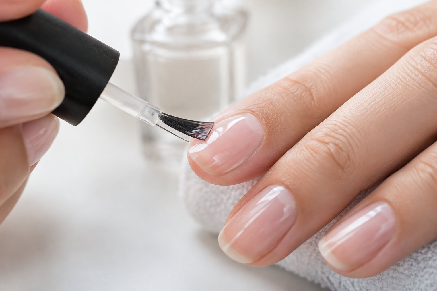 Une main applique du vernis transparent sur un ongle avec un pinceau.