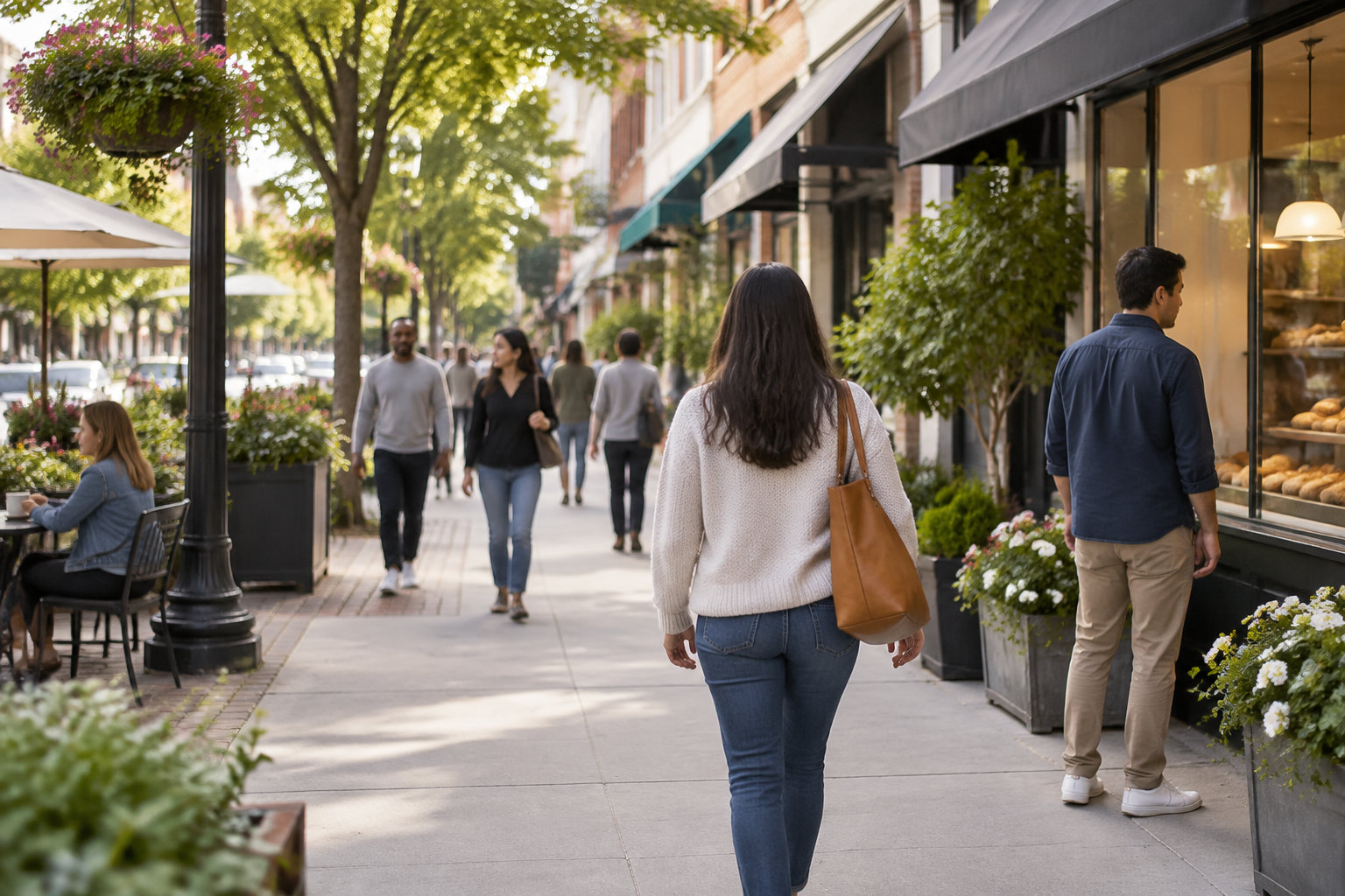 Une femme portant un sac à main marche sur un trottoir bordé de commerces, de jardinières et de terrasses de café, tandis que d’autres passants circulent et qu’un homme regarde la vitrine d’une boulangerie.