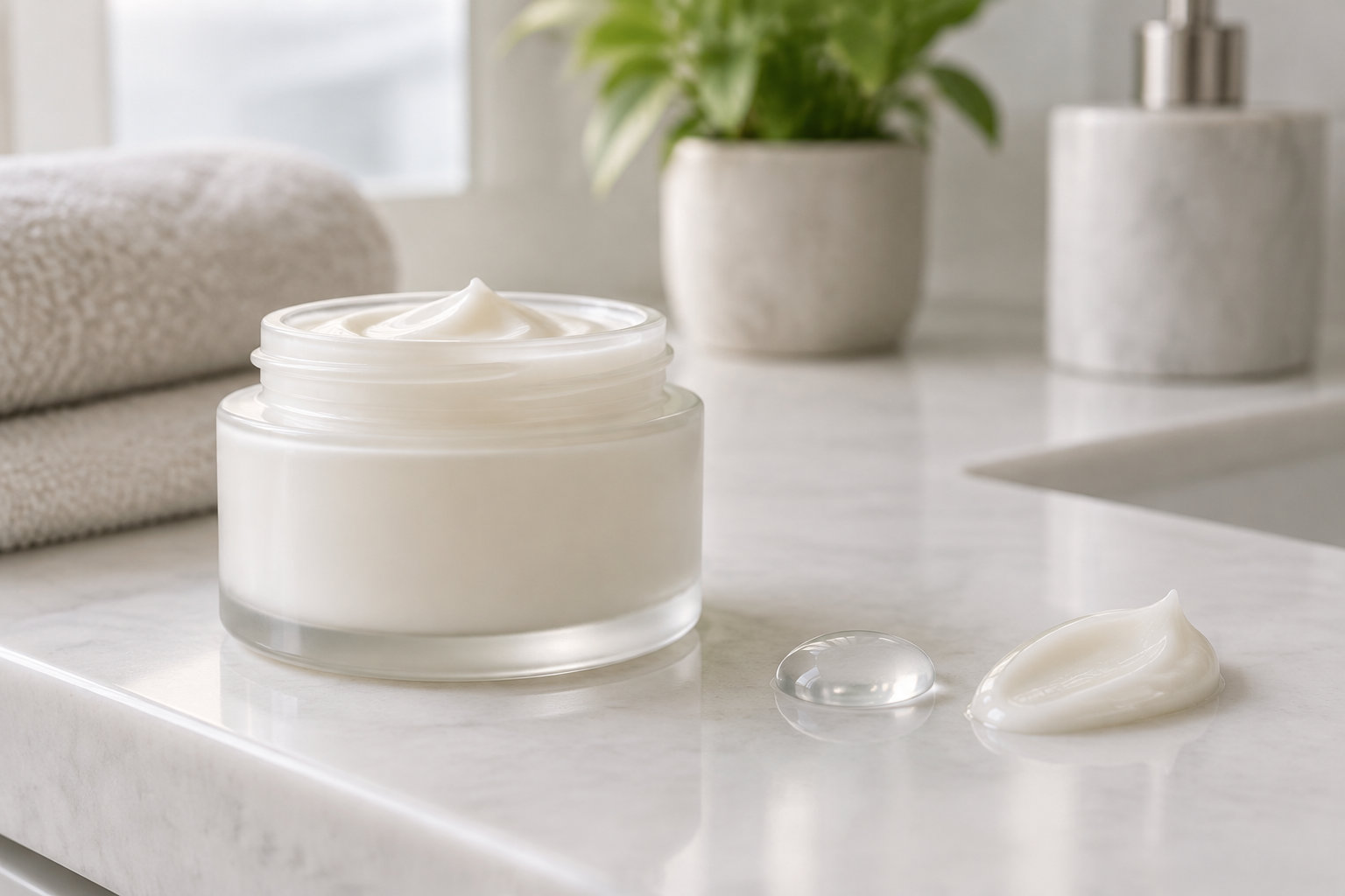 Un pot ouvert de crème blanche est posé sur un comptoir clair, à côté d’une goutte de gel transparent et d’une noisette de crème, avec une plante en arrière-plan.