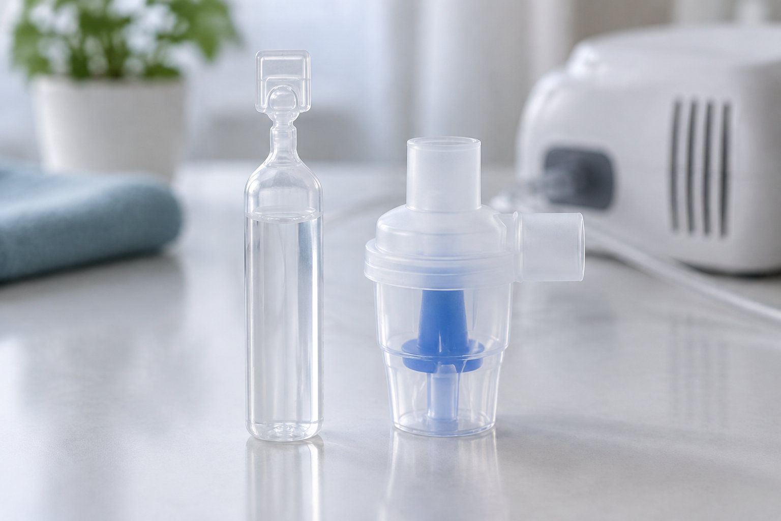 Une ampoule en plastique transparent et un petit récipient médical avec une pièce bleue sont posés sur une surface claire, devant un appareil blanc et une plante floue.