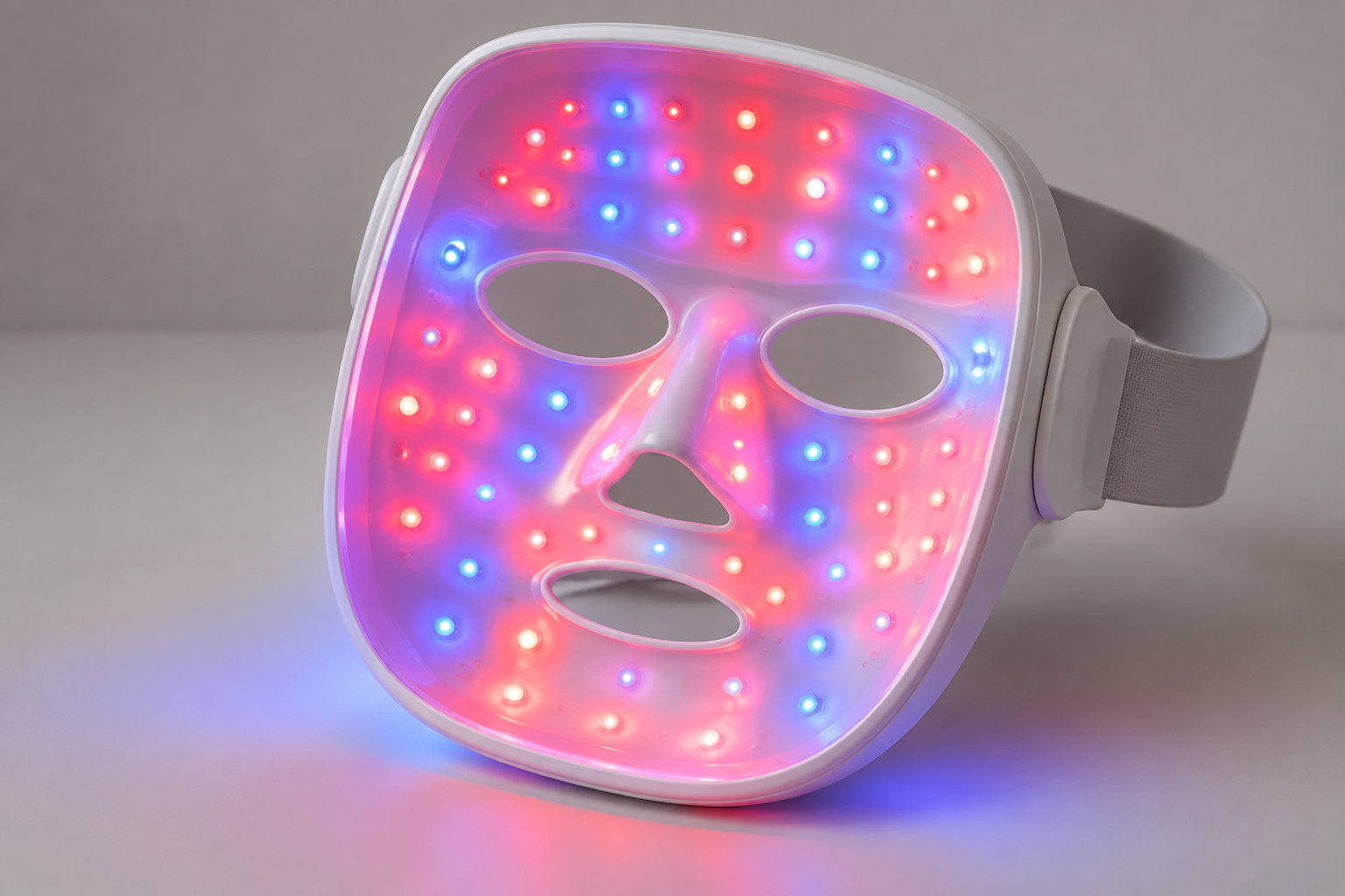 Un masque de soin facial blanc équipé de nombreuses lumières rouges et bleues est posé sur une surface grise.