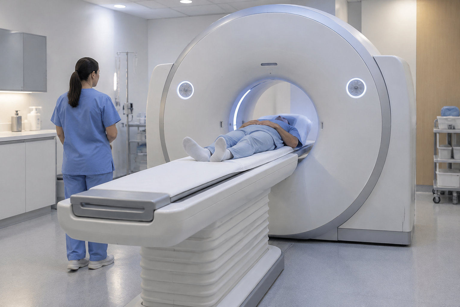 Une soignante en tenue bleue se tient près d’un patient allongé sur la table d’un appareil d’imagerie médicale.