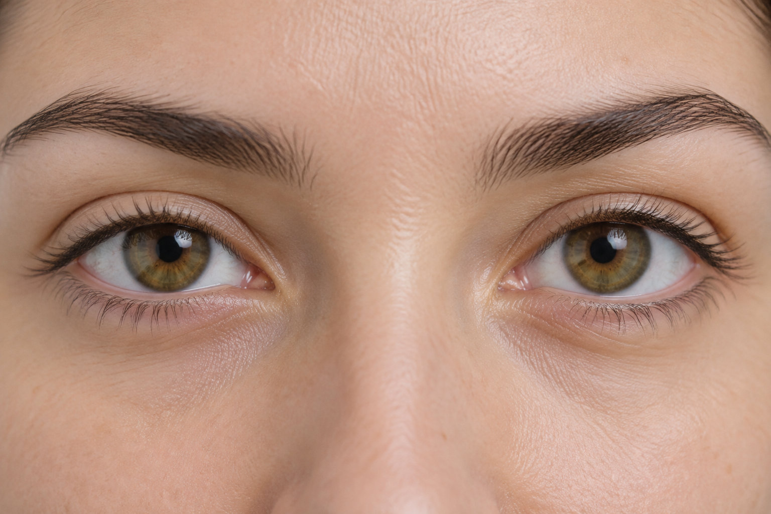Gros plan sur les yeux et les sourcils d’une personne aux yeux vert noisette.