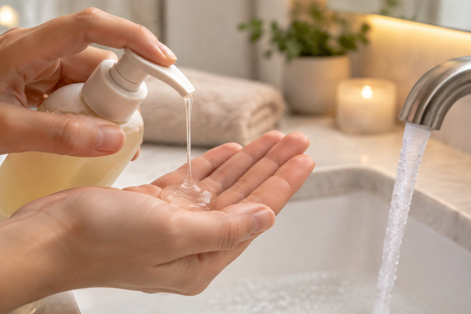 Une main presse la pompe d’un flacon pour verser du gel transparent dans l’autre main, près d’un robinet ouvert dans un lavabo.