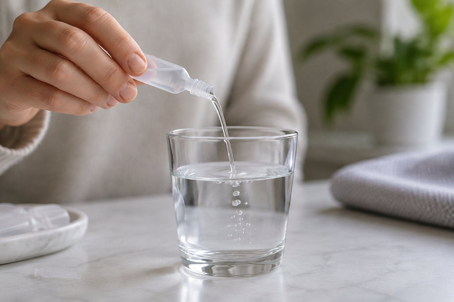 Une main verse le contenu d’un petit flacon transparent dans un verre d’eau posé sur une table.