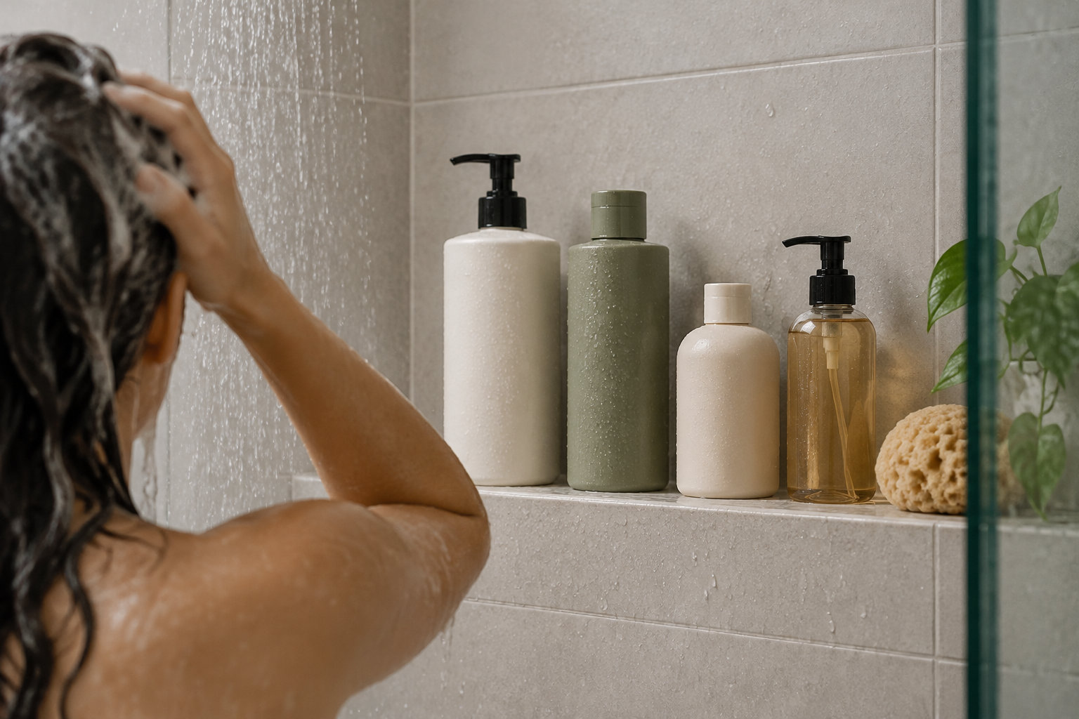 Une personne se lave les cheveux sous la douche, à côté de plusieurs flacons, d’une éponge et d’une plante.