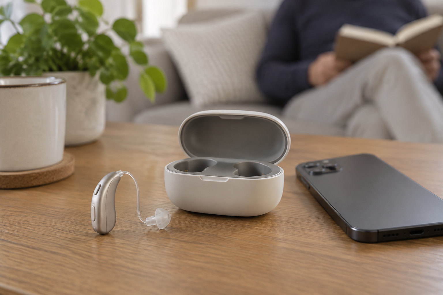 Un appareil auditif, son étui de recharge ouvert et un téléphone sont posés sur une table en bois, devant un canapé où une personne lit.