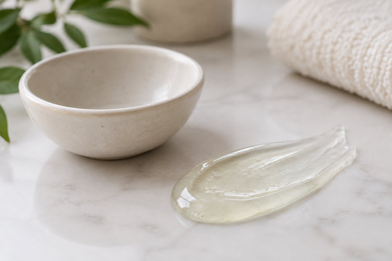 Un bol en céramique et une noisette de gel transparent sont posés sur une surface claire, près de feuilles vertes et d’un tissu blanc.