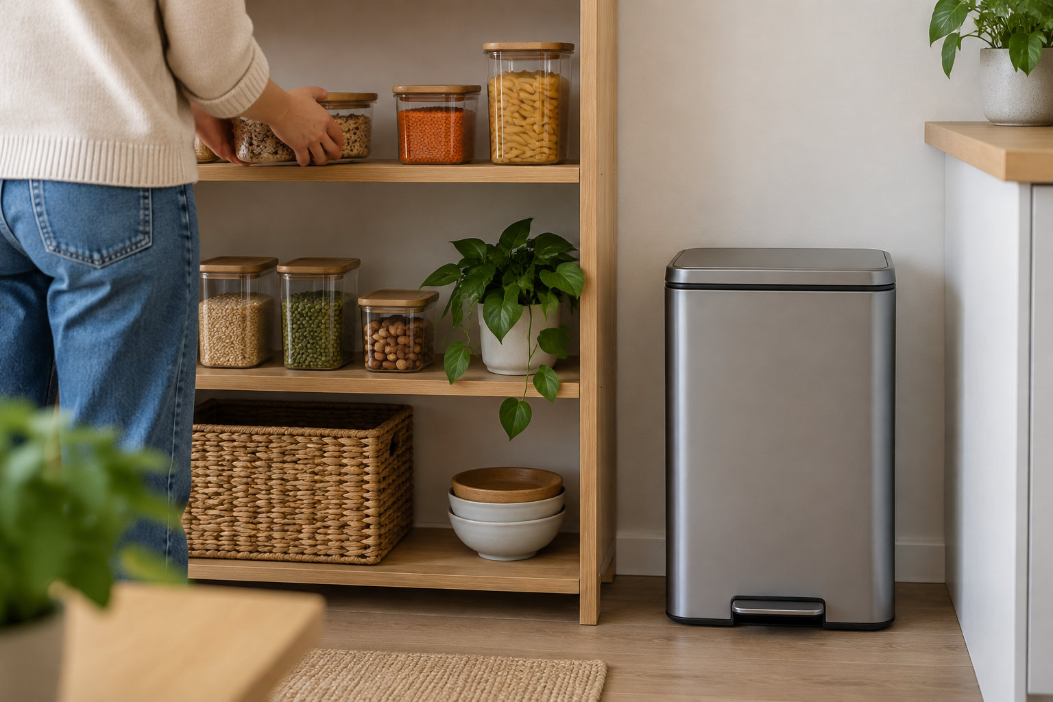 Une personne range un bocal de céréales sur une étagère en bois, à côté de bocaux de provisions, de plantes et d’une poubelle à pédale en métal.