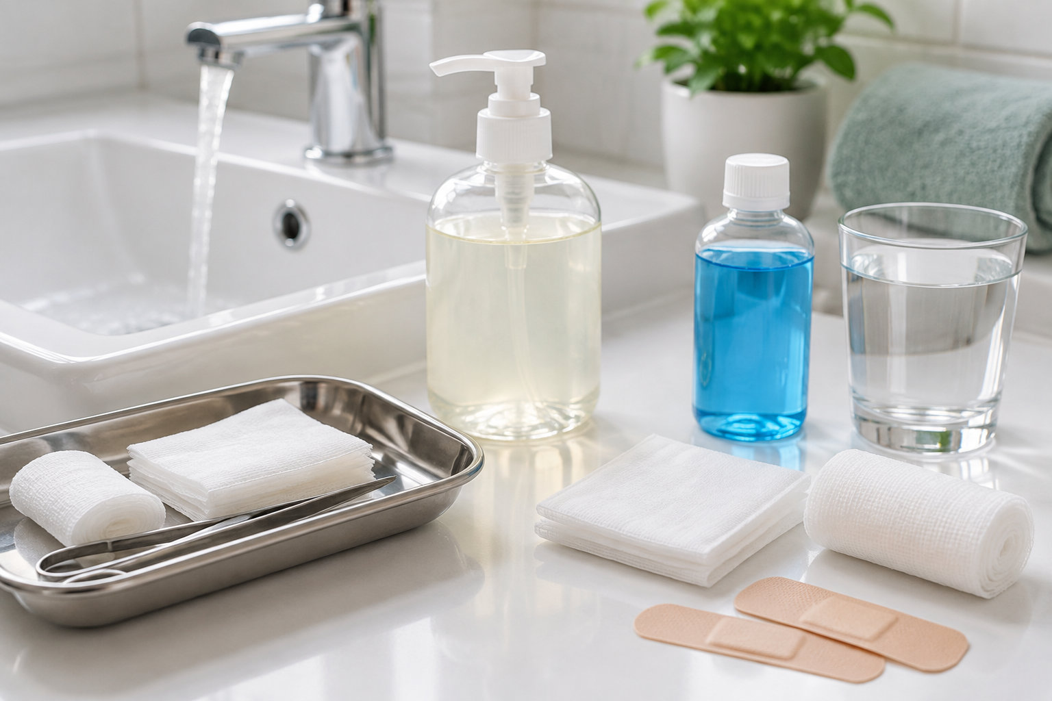 Un lavabo avec l’eau qui coule côtoie des flacons, un verre d’eau, des compresses, des serviettes roulées et des pansements posés sur un comptoir.