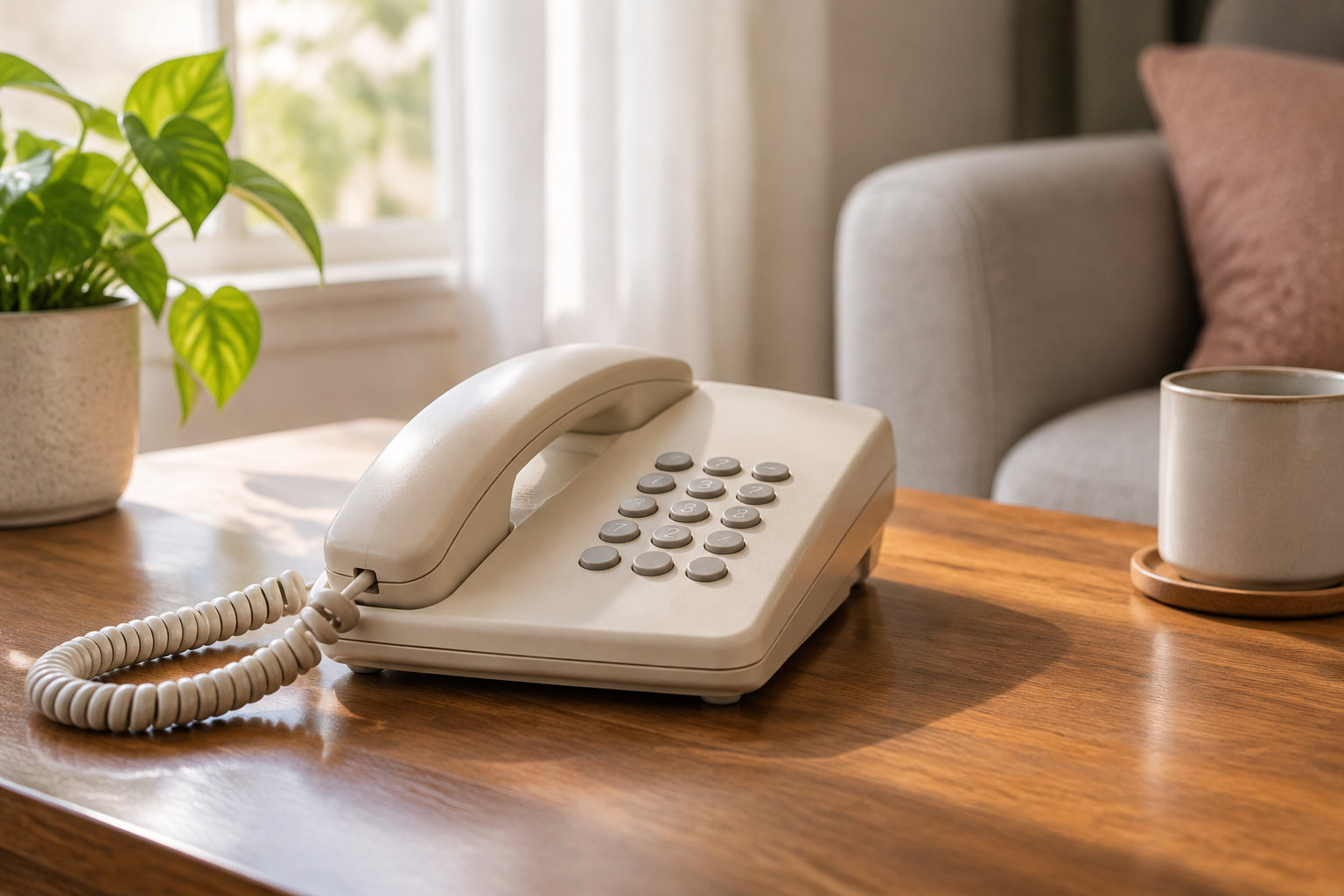 Un téléphone fixe beige à touches repose sur une table en bois, près d’une plante et d’une tasse, dans un salon lumineux.