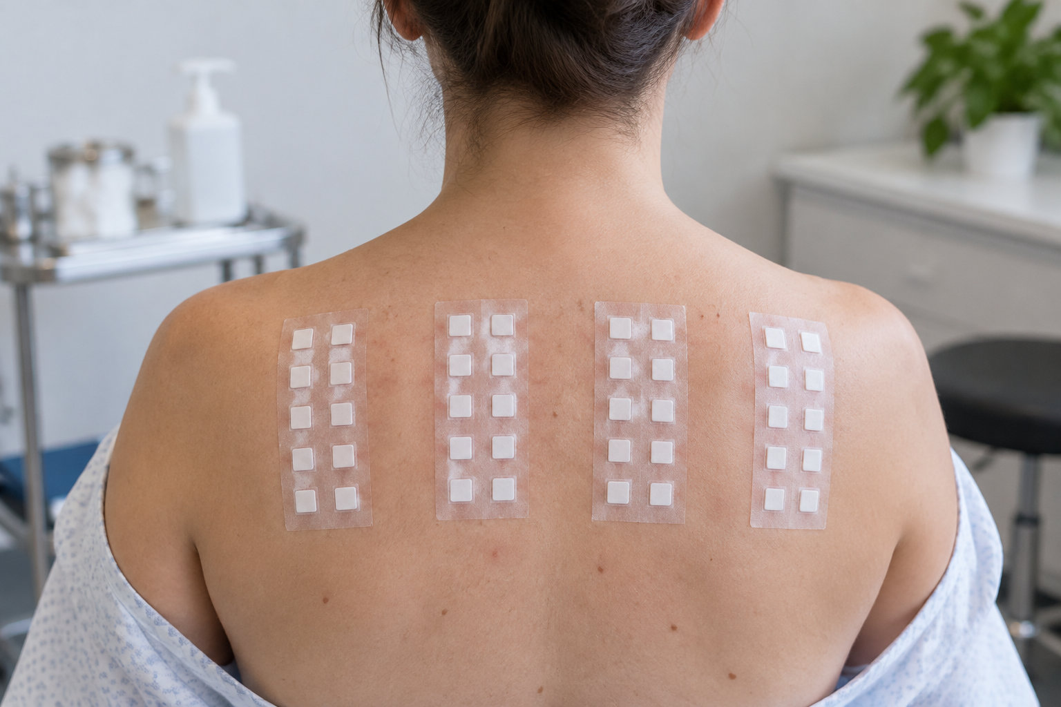 Une personne montre son dos nu couvert de quatre bandes transparentes portant de petits carrés blancs, dans une pièce de soins.