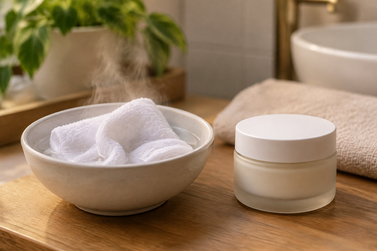 Un bol contenant des serviettes blanches humides et fumantes est posé à côté d’un pot de crème sur une table en bois, dans une salle de bain.