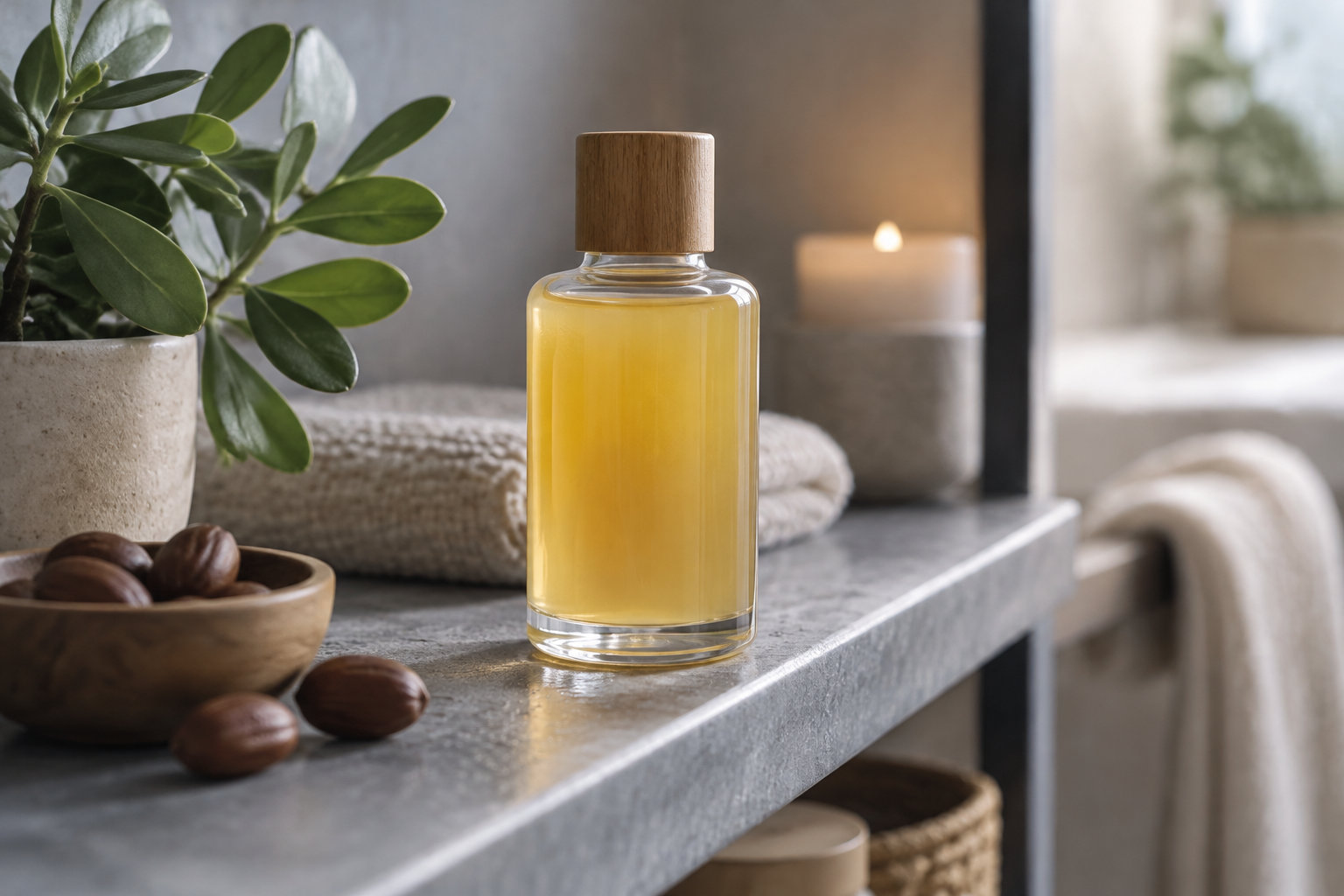 Un flacon en verre rempli d’un liquide jaune, avec un bouchon en bois, est posé sur une étagère en pierre près d’une plante, de noix et de serviettes pliées.