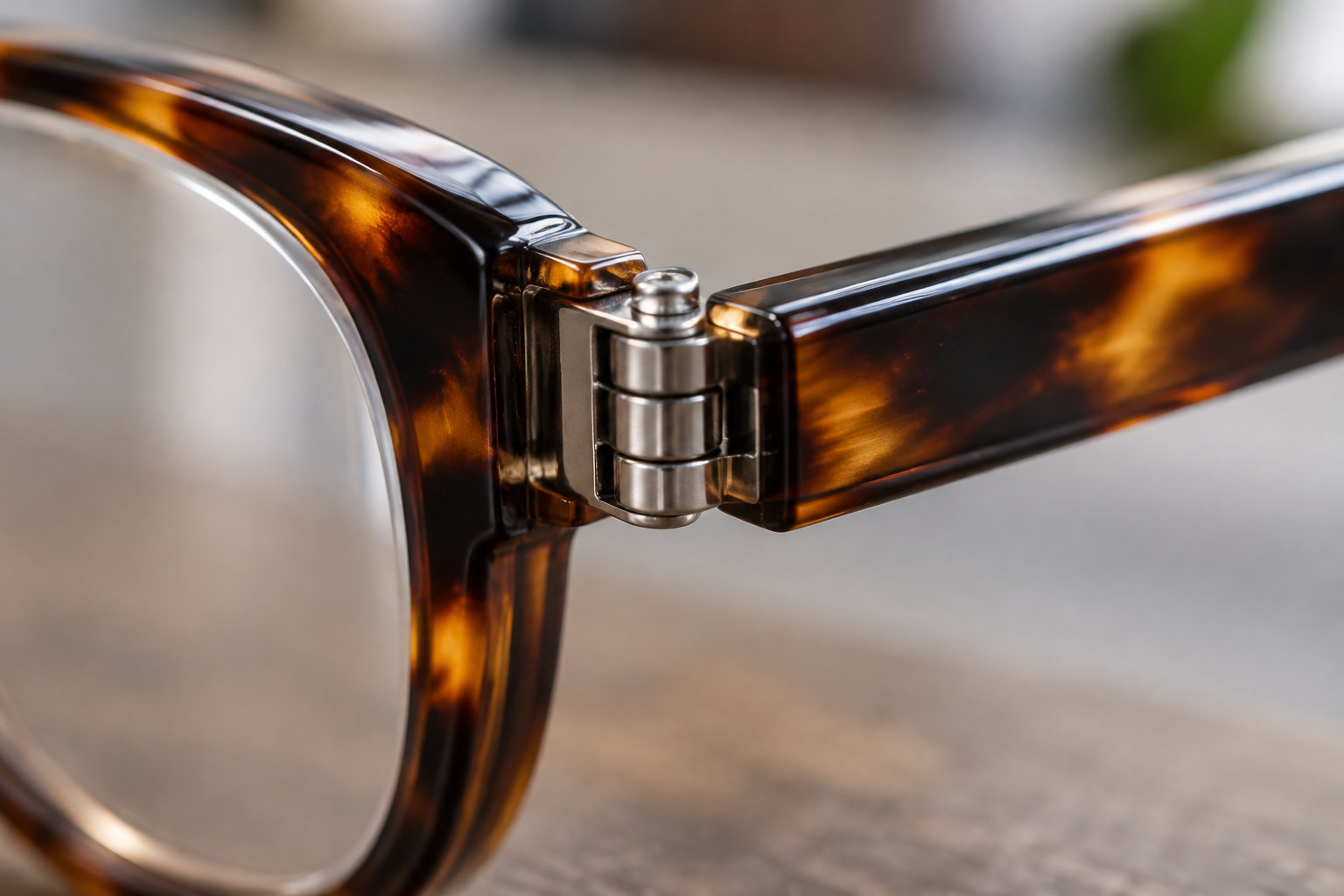 Gros plan sur la charnière métallique d’une monture de lunettes en plastique écaille, avec une branche ouverte.