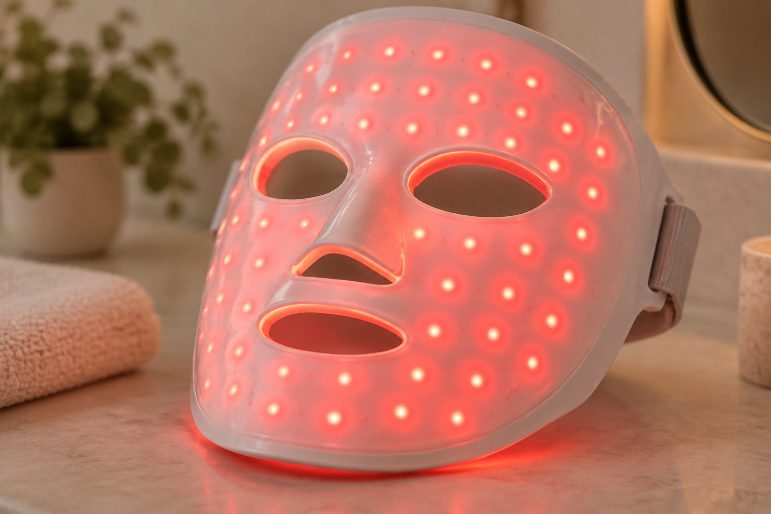 Un masque facial de soin lumineux, couvert de diodes rouges, est posé sur un comptoir près d’une serviette et d’une plante.