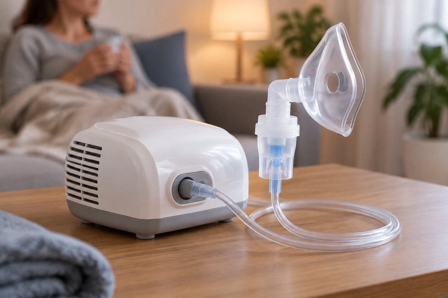 Un nébuliseur avec un masque transparent et un tuyau est posé sur une table basse, devant une personne assise sur un canapé.