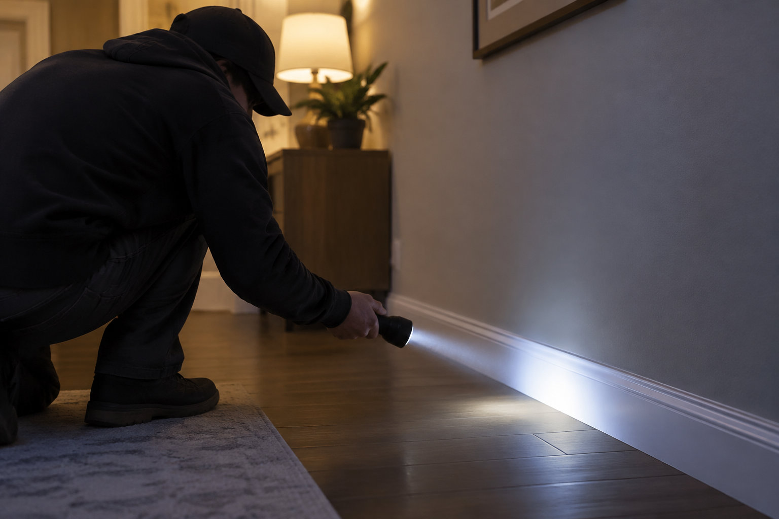 Une personne vêtue de noir et accroupie éclaire le bas d’un mur avec une lampe torche.