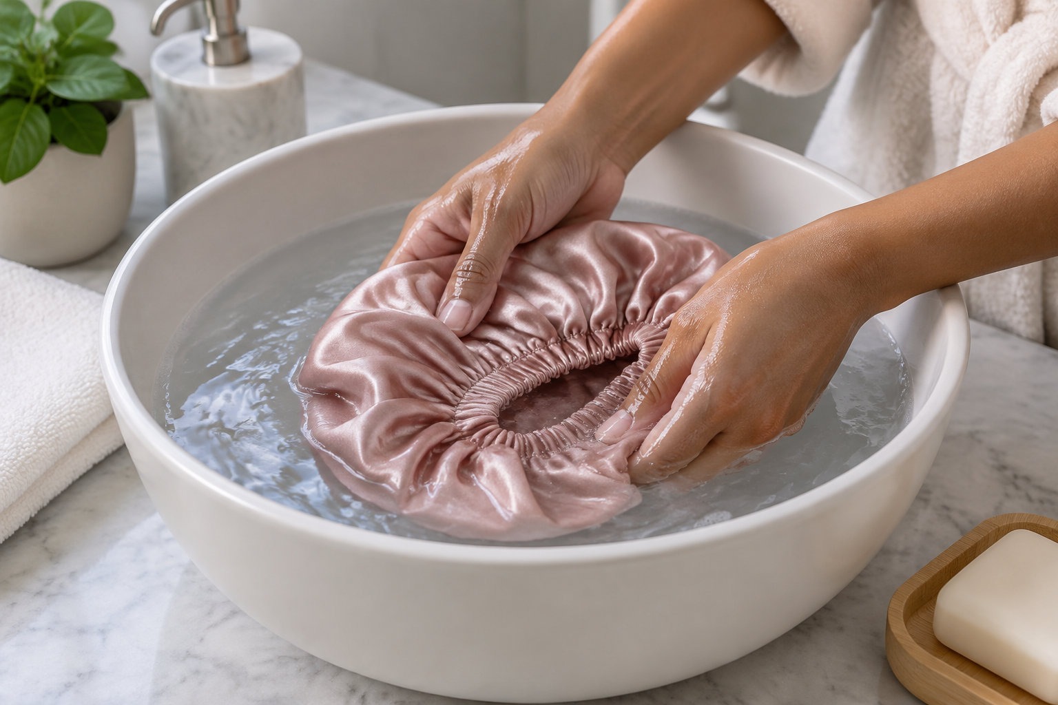 Deux mains rincent un bonnet de satin rose dans une bassine d’eau, près d’un lavabo.