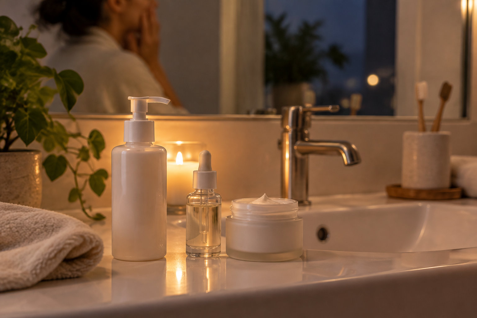 Des flacons de soins sans étiquette sont posés sur le bord d’un lavabo, près d’une serviette, d’une plante et d’une bougie allumée.
