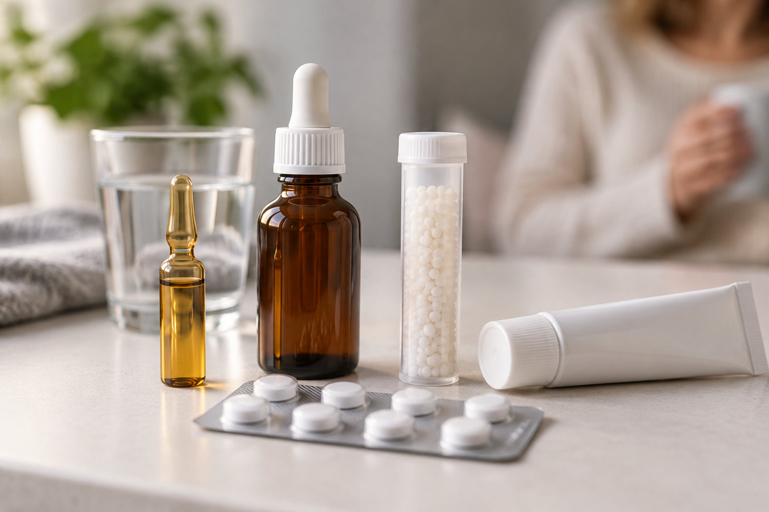 Une ampoule, un flacon compte-gouttes, un tube, un étui de granules et une plaquette de comprimés sont disposés sur une table, avec un verre d’eau à l’arrière-plan.
