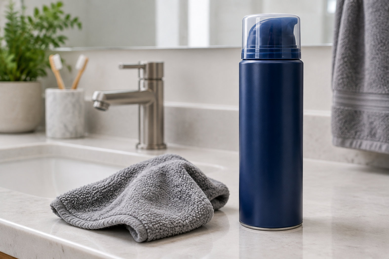 Un flacon bleu sans étiquette est posé sur un comptoir de salle de bains, près d’un gant de toilette gris, d’un robinet et d’un porte-brosses à dents.