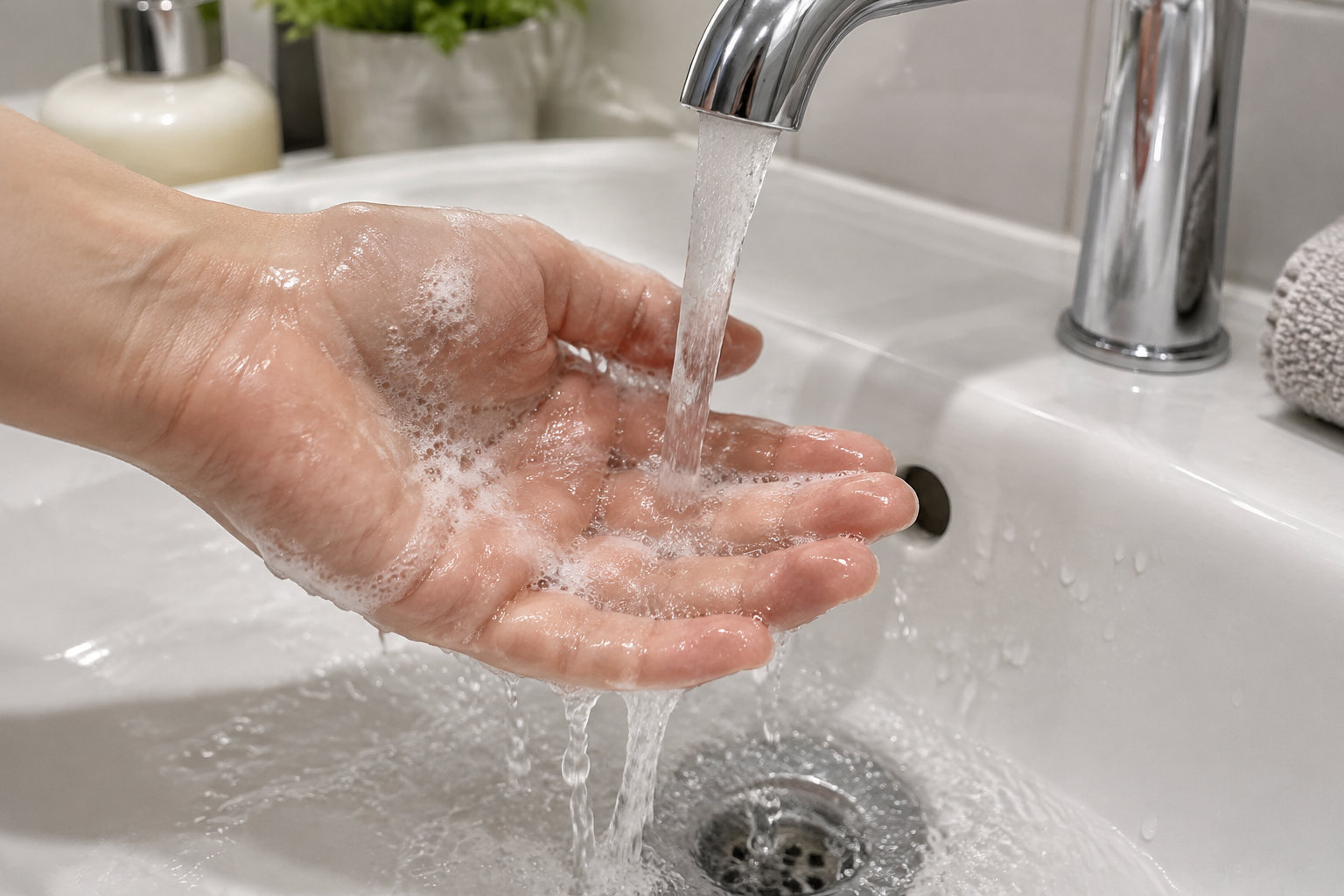 Une main savonneuse se rince sous l’eau d’un robinet au-dessus d’un lavabo.