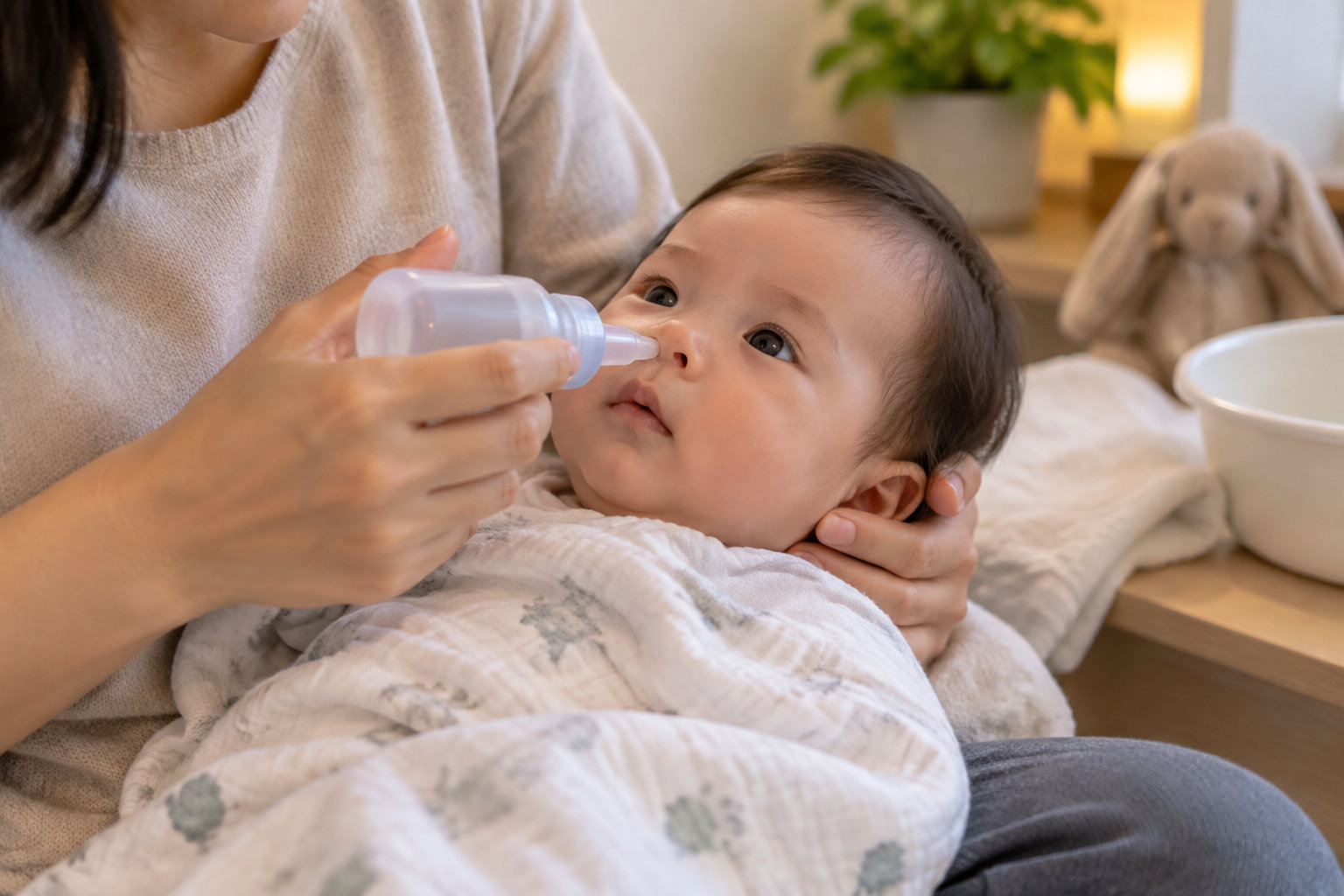 Une femme tient un bébé emmailloté et lui applique un liquide dans le nez à l’aide d’un petit flacon.