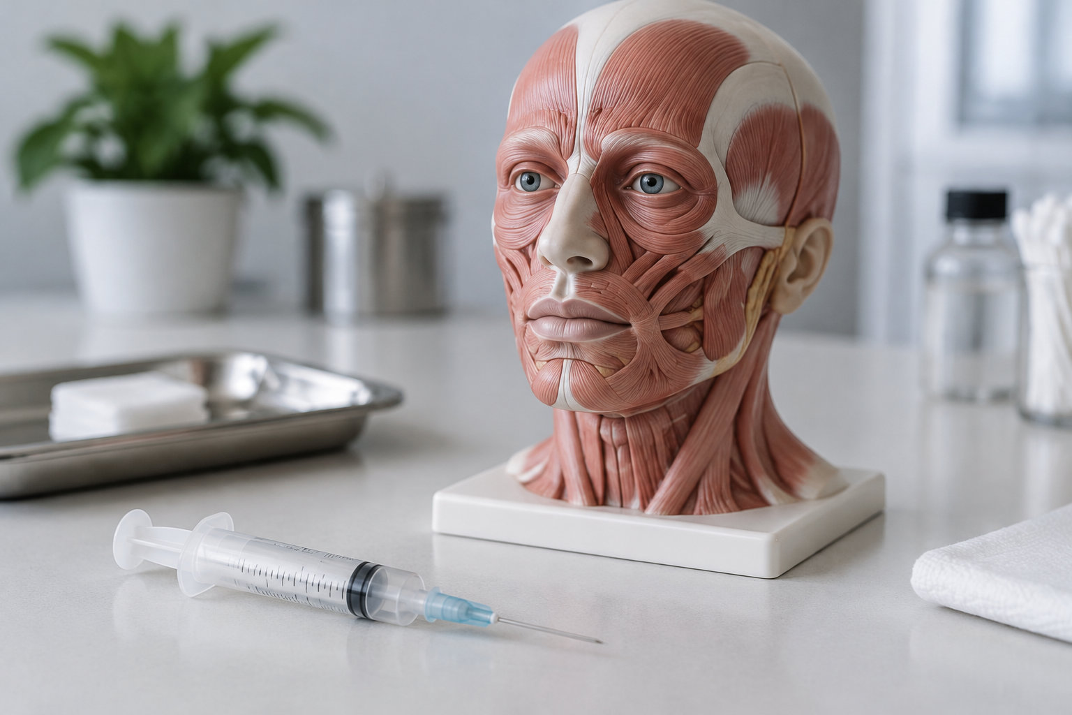 Un modèle anatomique de tête montrant les muscles du visage est posé sur un comptoir, près d’une seringue, d’un plateau et d’un flacon.