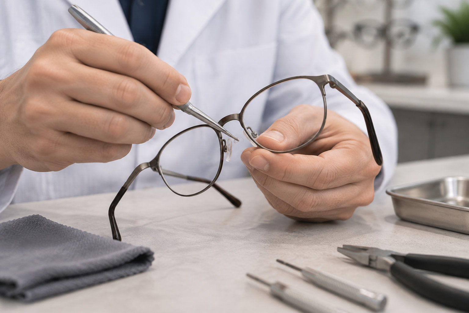 Une personne en blouse ajuste les lunettes à l’aide d’un petit outil, au-dessus d’un établi où se trouvent un chiffon et des instruments.