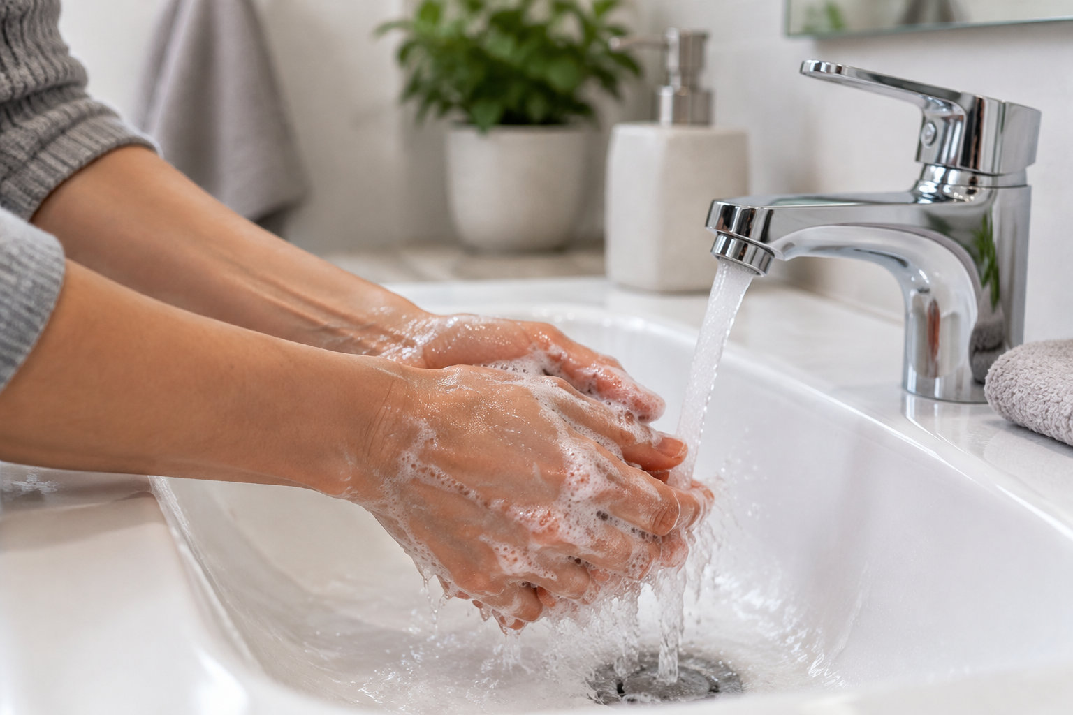 Des mains couvertes de savon se lavent sous l’eau courante d’un robinet dans un lavabo.